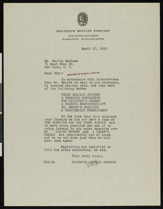 Houghton Mifflin Company, letter, 1921-04-27, to Hamlin Garland