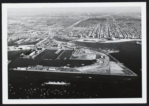 Aerial view of Long Beach harbor and the city