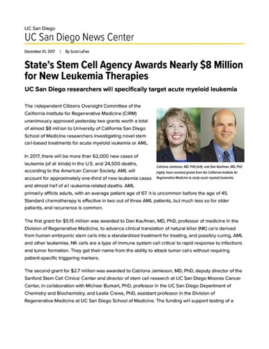 State’s Stem Cell Agency Awards Nearly $8 Million for New Leukemia Therapies