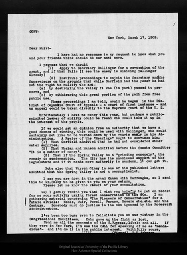 Letter from R[obert] U[nderwood] Johnson to John Muir, 1909 Mar 17