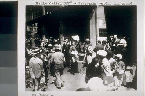 "Strike Called Off" - newspaper vendor and crowd at Emporium