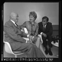 Samuel Goldwyn sitting with Lucille Ball and Larry H. Johnson, winner of the 1964 Samuel Goldwyn Creative Writing Award