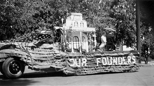 Pioneer Week float on flatbed truck with miniature Bidwell Mansion