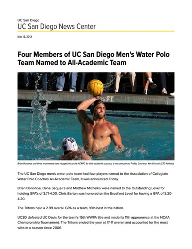 Four Members of UC San Diego Men's Water Polo Team Named to All-Academic Team