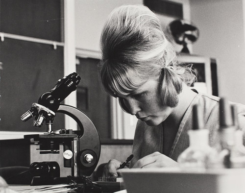 A woman looking through slides near a microscope in a science lab