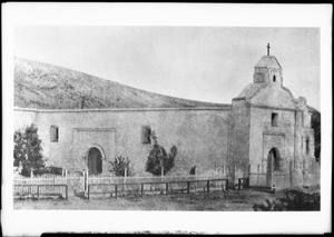 Lithograph from Benjamin Nayer's diary depicting the exterior of the Plaza Church in Los Angeles, 1860