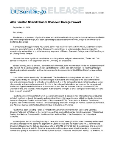 Alan Houston Named Eleanor Roosevelt College Provost