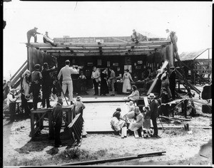 View of an outdoor film set at Vitagraph Studios, showing a film shoot in progress, 1917