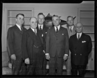 Charles H. Rhodes, A. N. Diehl, Robert Gregg, William A. Irvin, B. F. Harris, and William Ross gather and discuss business, Los Angeles, 1935