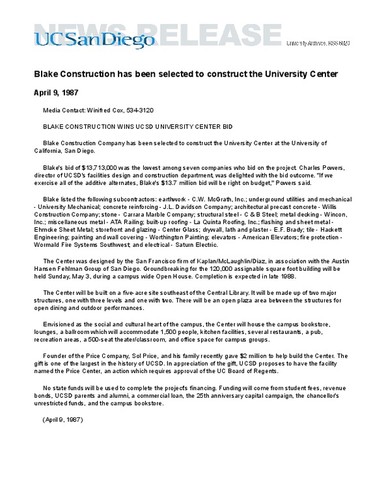 Blake Construction has been selected to construct the University Center