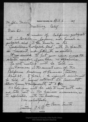 Letter from Jas. Perrin Smith to John Muir, 1899 Apr 6