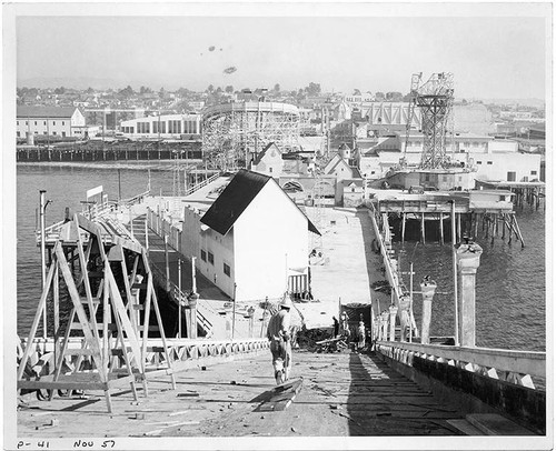 View of Pacific Ocean Park under construction from the west end of Santa Monica Pier, November, 1957