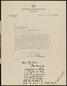 Arthur Hobson Quinn, letter, 1931-11-06, to Hamlin Garland