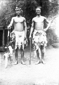 African men wearing animal skins, southern Africa, ca. 1880-1914