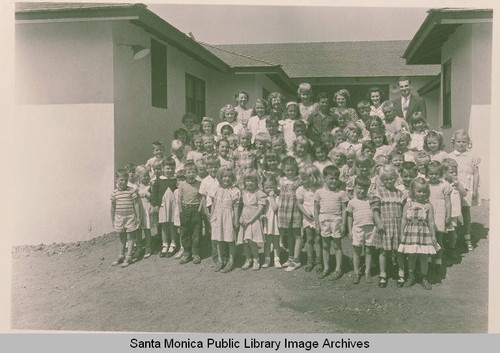 Group portrait of children and their teachers at an elementary school in Pacific Palisades