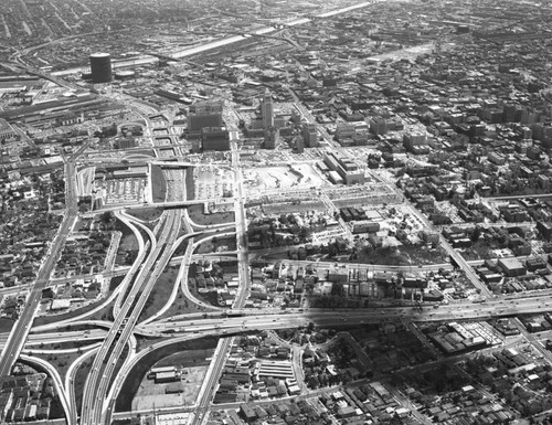 Aerial view of Downtown Los Angeles, looking east