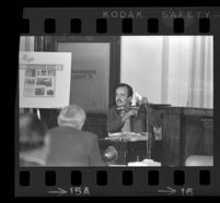 Raul Ruiz on the witness stand at the Ruben Salazar inquest, Hall of Records, Los Angeles, 1970
