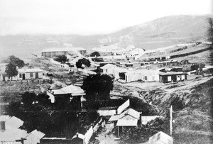 Birdseye view over Broadway looking south from Court House Hill, Los Angeles, 1860