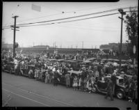 Crowds gather at Central Station to see President Franklin D. Roosevelt arrive for tour, Los Angeles, October 1, 1935