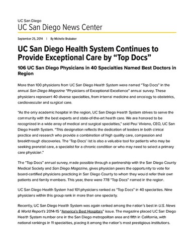 UC San Diego Health System Continues to Provide Exceptional Care by “Top Docs”