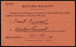 Peter S. Sugiyama, return receipt, 1947-02-11, to Frank Kimmel