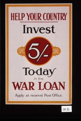 Help your country, invest 5/- today in the war loan. Apply at nearest post office