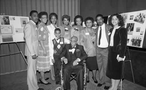 Dr. Tandy Washington Coggs Sr. posing with family on this 100th birthday, Los Angeles, 1987