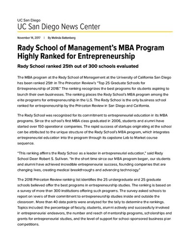 Rady School of Management’s MBA Program Highly Ranked for Entrepreneurship