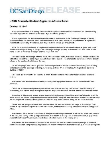 UCSD Graduate Student Organizes African Safari