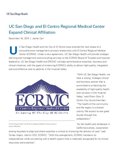 UC San Diego and El Centro Regional Medical Center Expand Clinical Affiliation