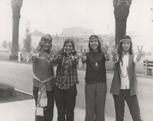Four sorority members in Hippie attire at Pepperdine College, 1970