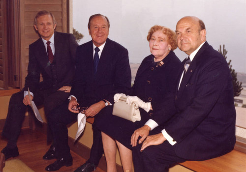 Seated in the Brock House--L to R: Dr. James Wilburn, Leonard Firestone, Mrs. Seaver, Dr. Young (Color)
