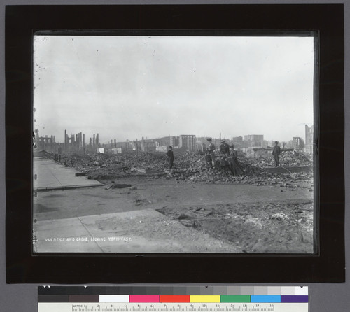 Van Ness and Grove, looking N.E. [Family among ruins.]