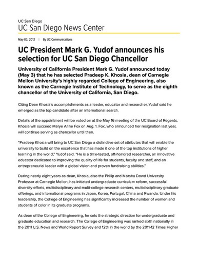 UC President Mark G. Yudof announces his selection for UC San Diego Chancellor