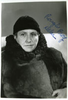 Gertrude Stein, portrait wearing coat and black hat [Rough Proof Delar written on image]