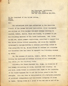 Korean National Association correspondence to key figures at the Paris Peace Conference, appealing for support for Korean independence, 1918-1919