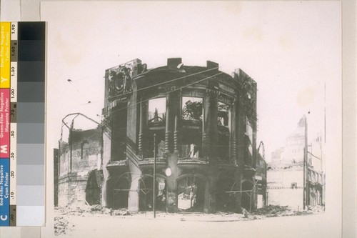 Ruins of the Tivoli Opera House, corner Mason and Eddy Sts., immediately after the fire. (Before it became an opera house it housed a circus and aquacade, called the Olympic [left blank].) [Duplicate of 8:9.]