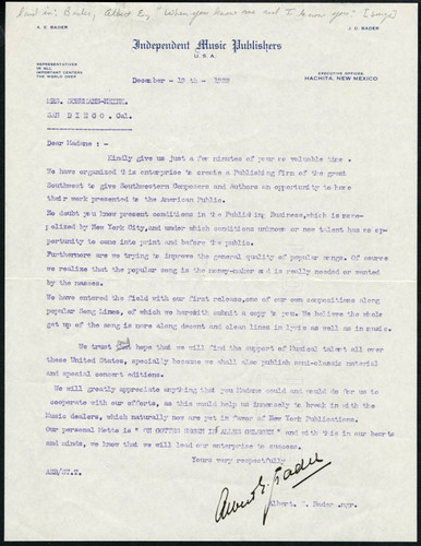 Albert E. Bader letter to Schumann-Heink, 1928 December 19