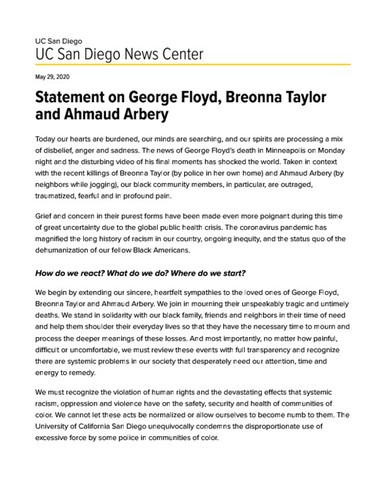 Statement on George Floyd, Breonna Taylor and Ahmaud Arbery