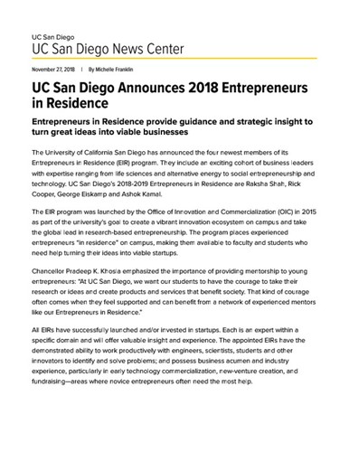 UC San Diego Announces 2018 Entrepreneurs in Residence