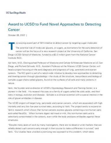 Award to UCSD to Fund Novel Approaches to Detecting Cancer