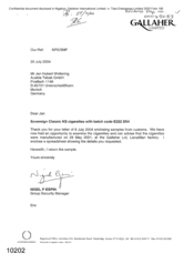 [Letter from Nigel P Espin to Jan Hubert Woltering regarding Sovereign Classic KS Cigarettes with batch code E222 D54]