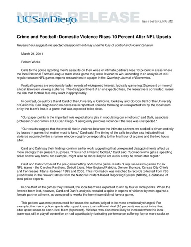 Crime and Football: Domestic Violence Rises 10 Percent After NFL Upsets--Researchers suggest unexpected disappointment may underlie loss of control and violent behavior