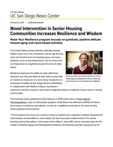 Novel Intervention in Senior Housing Communities Increases Resilience and Wisdom