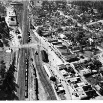 Aerial view of Colfax, CA. with the railyards and depot in the center