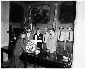 Color guard (board of supervisors) placing wreath, 1958