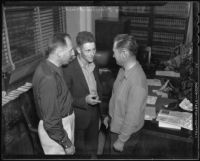 District Attorney Buron Fitts with Joe Houtenbrink and Charles Hope, witnesses in Mary Emma James murder case, 1936