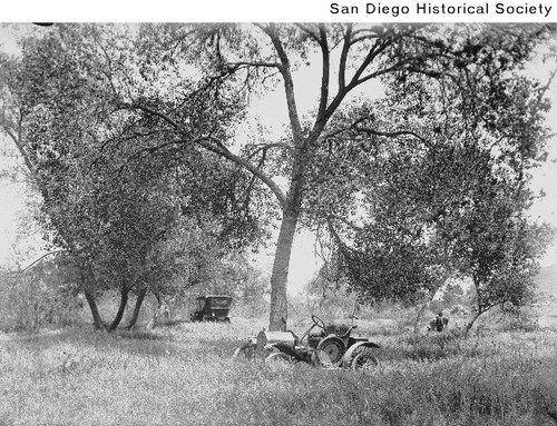 Two automobiles parked under trees near the Old Mission Dam