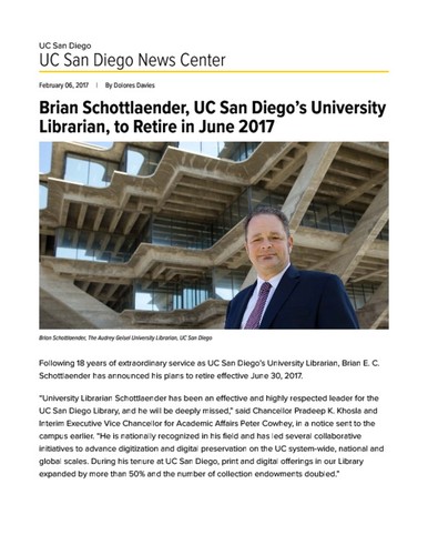 Brian Schottlaender, UC San Diego’s University Librarian, to Retire in June 2017