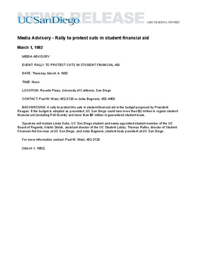 Media Advisory - Rally to protest cuts in student financial aid